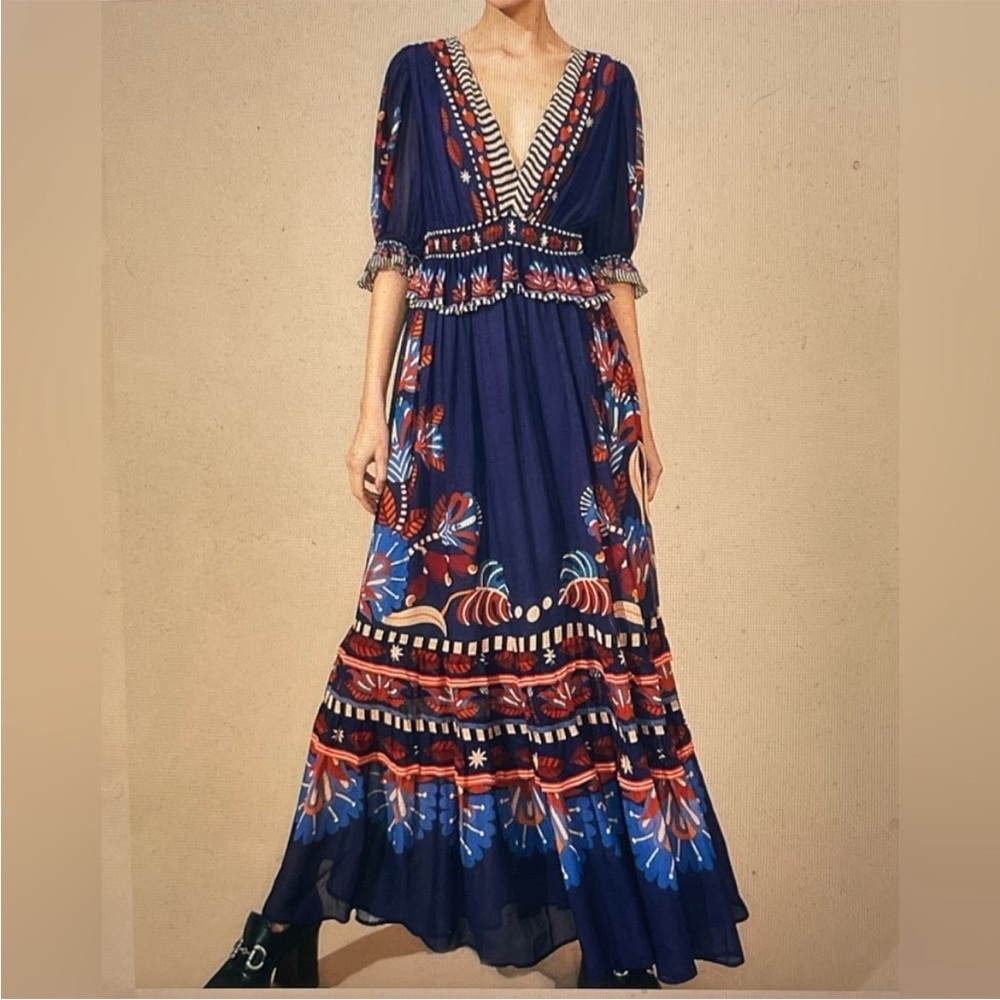 Farm Rio Nature Beauty Blue Short Sleeve Maxi Dress NWT Size Small